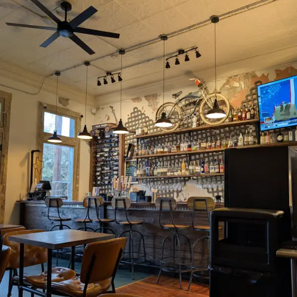 Bar area inside Both Hands Burger Bar in Comfort, Texas