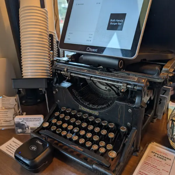 Vintage typewriter inside Both Hands Burger Bar in Comfort, Texas