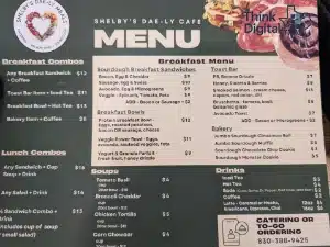 Breakfast menu for Shelby’s Dae-Ly Cafe in Comfort Texas