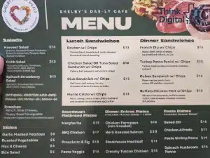 Dinner menu for Shelby’s Dae-Ly Cafe in Comfort Texas